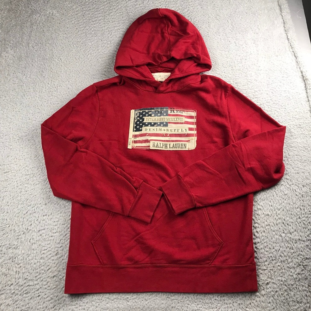 Denim & Supply Ralph Lauren Hoodie Men XL Red American Flag Distressed Patch
